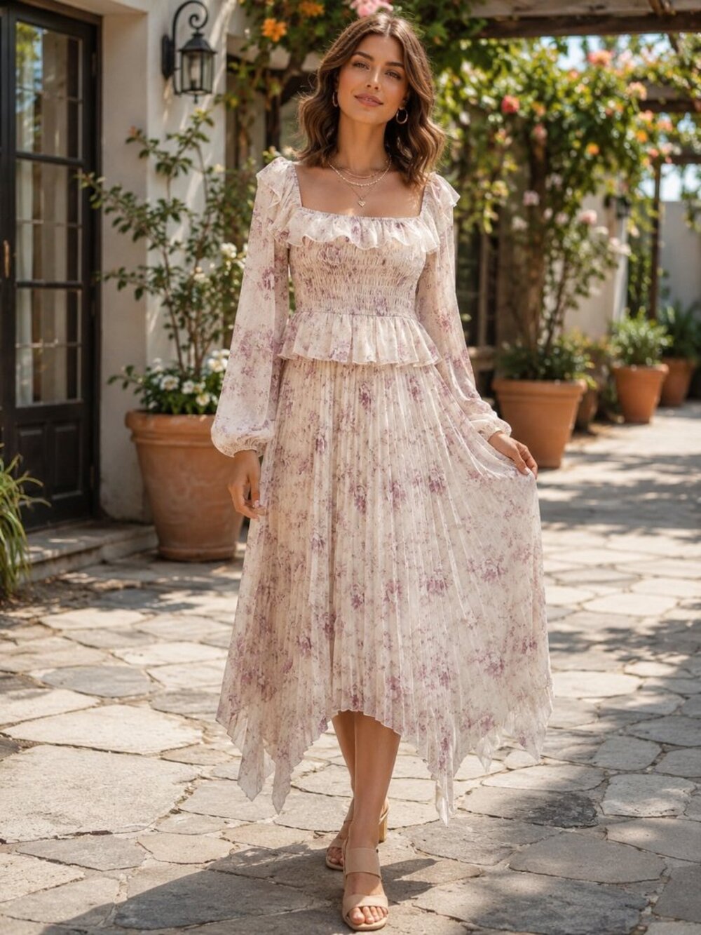 En Saison Kika Chiffon Blouse Top & Pleated Midi Skirt Set in Pink Floral Small